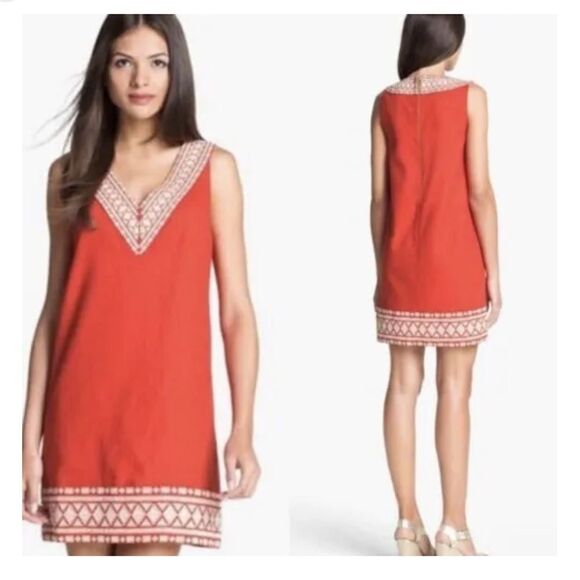 Kate Spade RARE Red Linen Laureen Shift Dress White Embroidery size 4 - Picture 1 of 8